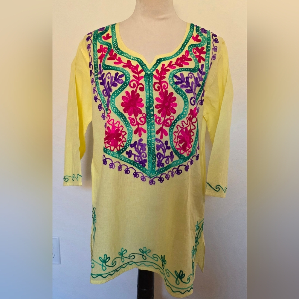Vibrant Yellow Embroidered Tunic Top Cotton 3/4 Slevees M Summer Bikini Coverup